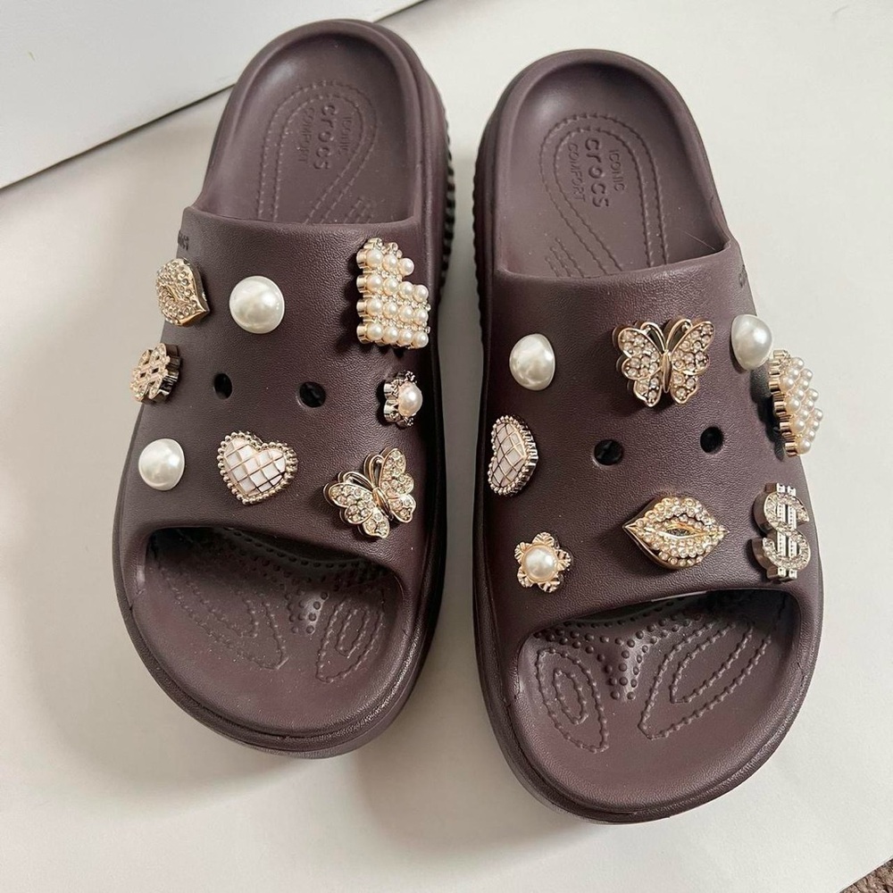 CROCS Platform Slide Mules with Gold & Pearl Charms - Picture 5 of 6